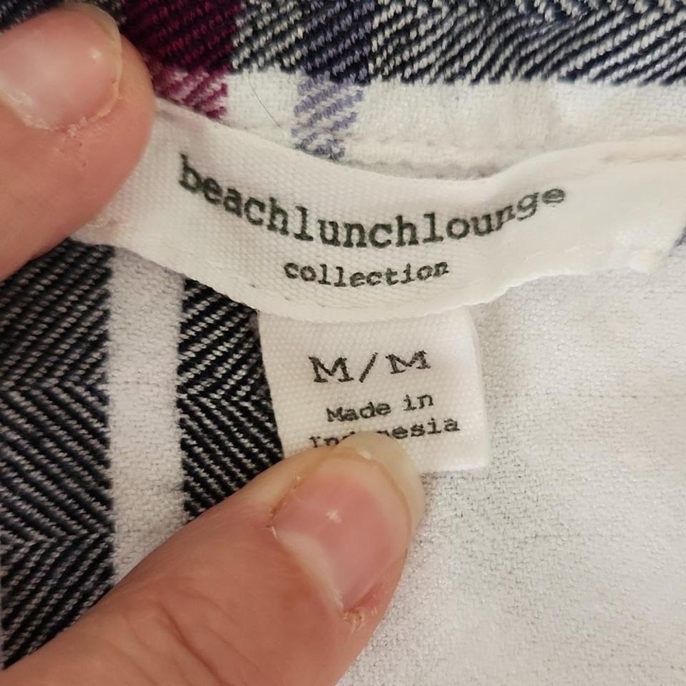 Beach lunch lounge Women's Purple & Black Wht plaid rayon "Flannel" blouse. M - Picture 3 of 9